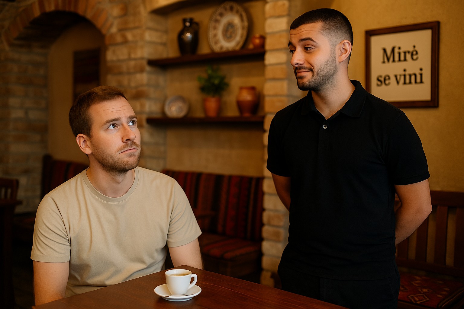 Ein westlicher Tourist sitzt in einem traditionellen albanischen Café, während ein junger Kellner mit verschränkten Armen daneben steht und leicht den Kopf schüttelt. Im Hintergrund ist ein warm eingerichteter Raum mit Ziegelwänden und der Aufschrift „Mirë se vini“ zu sehen.
