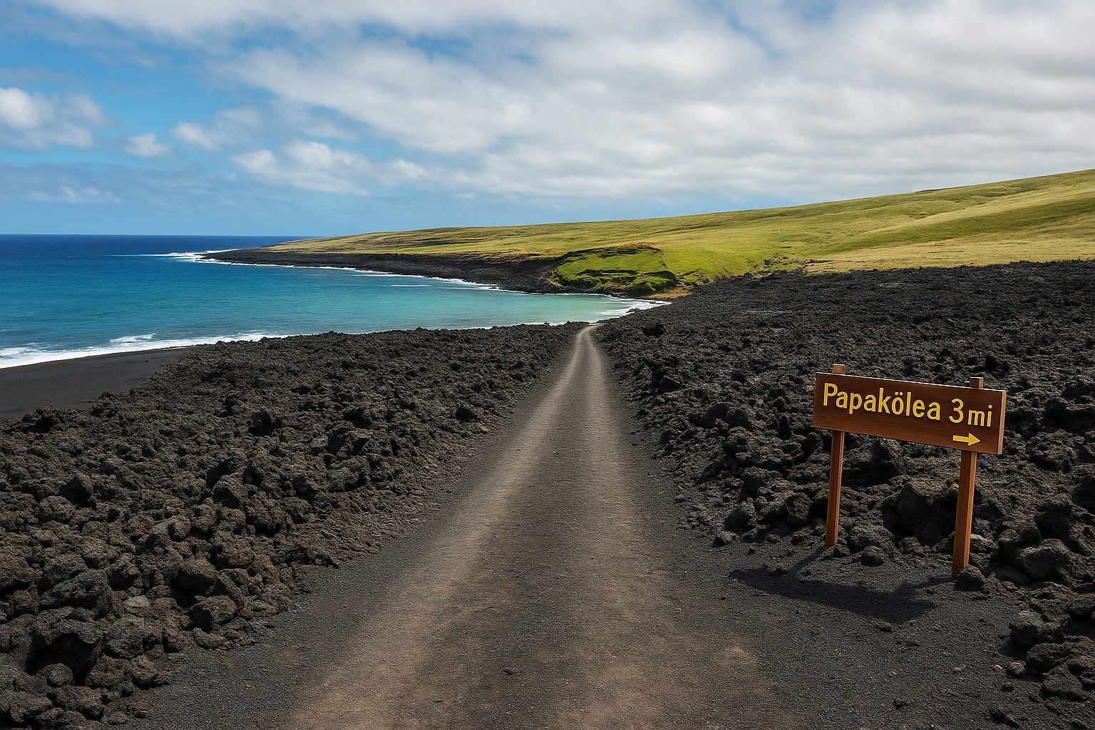 Eine weite, schwarzbraune Lavapiste führt mitten durch ein erstarrtes Lavafeld hinunter zu einem schwarzen Sandstrand; dahinter leuchtet die smaragdgrüne Bucht von Papakōlea, während eine Holztafel rechts den Weg mit „Papakōlea 3 mi“ markiert.
