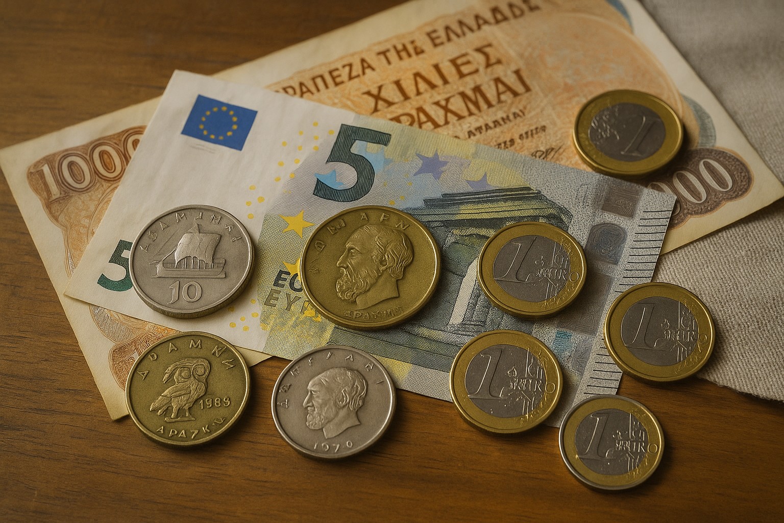 Griechische Drachmen und Euro-Münzen sowie Banknoten nebeneinander auf einem Holztisch.
