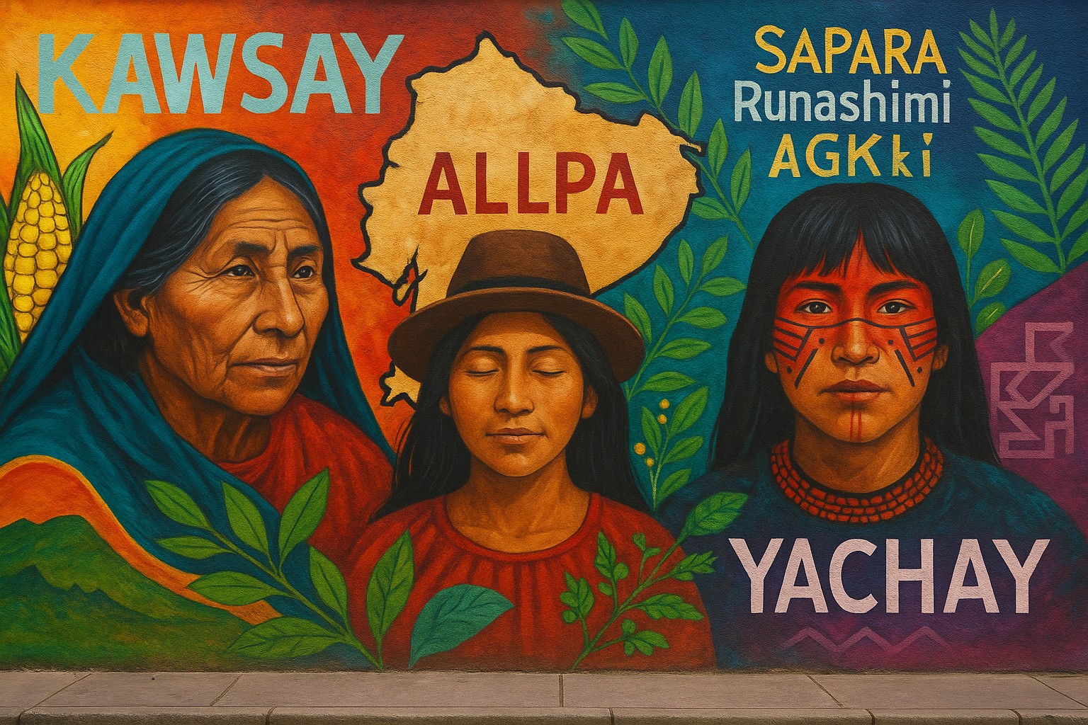 Ein farbenfrohes Wandgemälde in Quito zeigt Gesichter und Symbole verschiedener indigener Völker Ecuadors und spiegelt die sprachliche und kulturelle Vielfalt des Landes wider.
