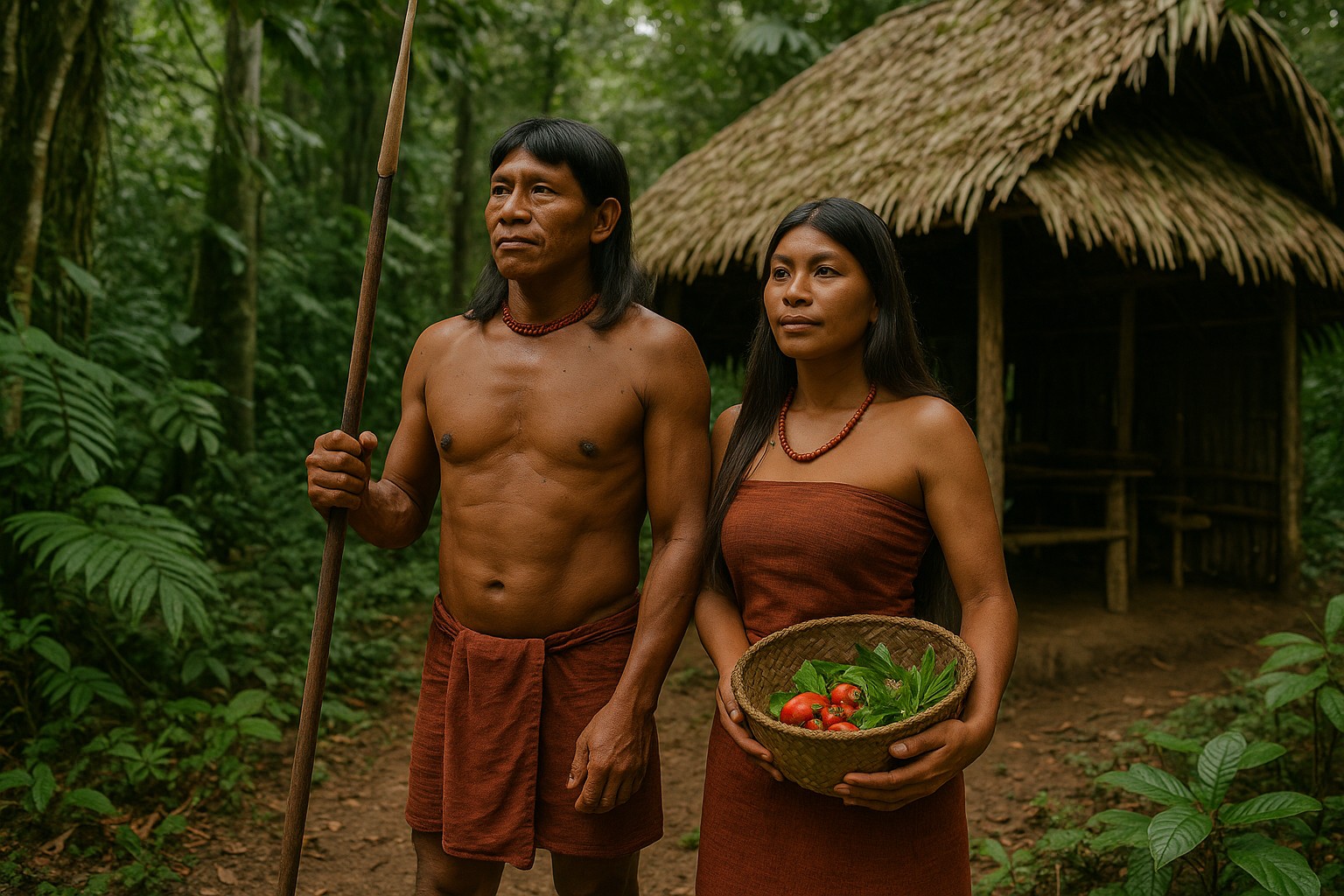 Ein Foto zeigt ein Waorani-Paar im ecuadorianischen Amazonas-Regenwald vor einer traditionellen Hütte. Der Mann hält einen Speer, während die Frau einen Korb mit Gemüse trägt. Beide tragen traditionelle Kleidung und stehen inmitten dichter grüner Vegetation.
