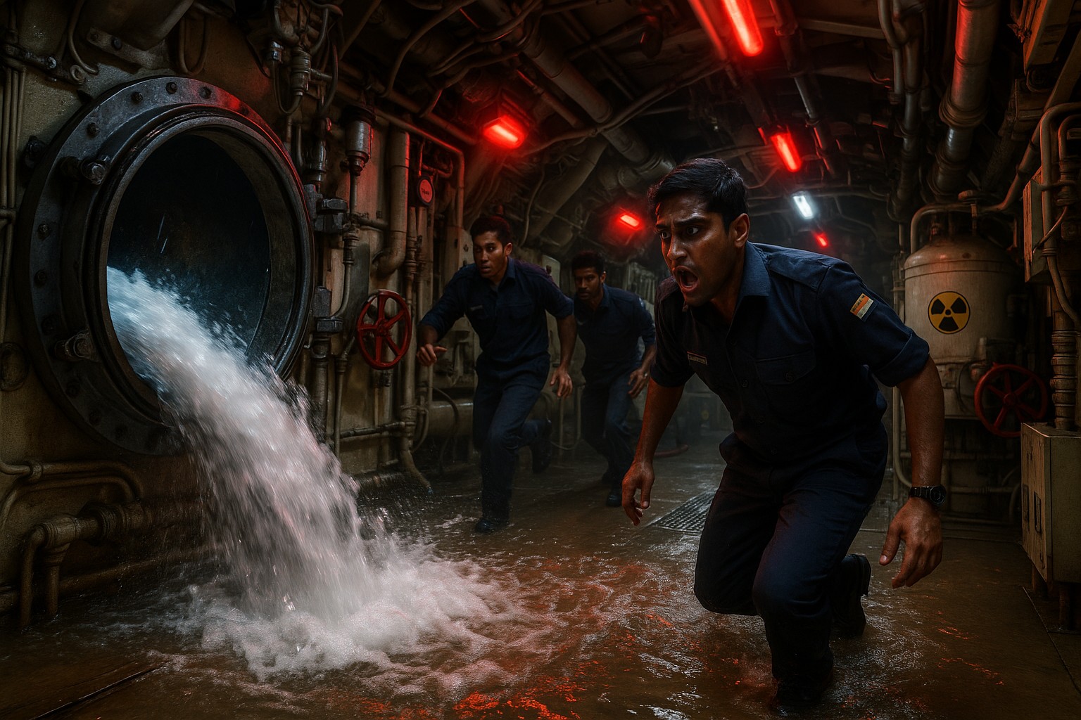 Drei indische Marinesoldaten in blauen Uniformen reagieren panisch in einem Maschinenraum einer atomaren U-Boot-Anlage, während Wasser durch eine offene Luke eindringt und den Boden überflutet. Rote Warnlichter beleuchten das dramatische Szenario, umgeben von Rohren, Ventilen und einem Reaktor mit einem Gefahrensymbol.
