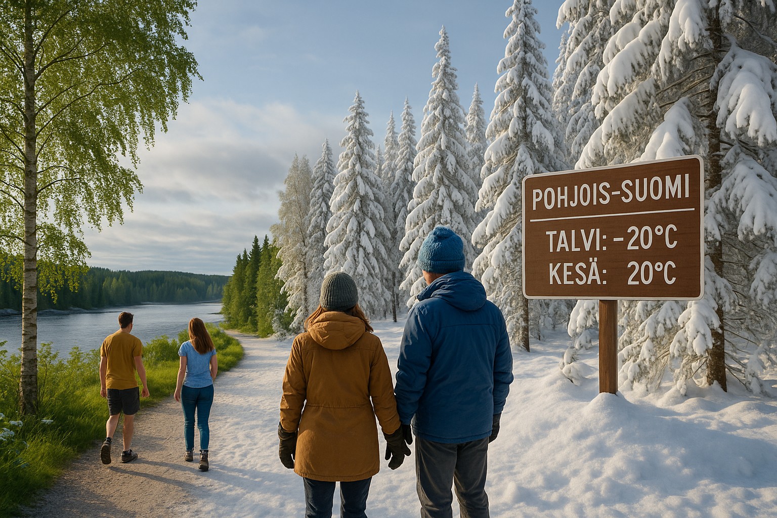 Geteilte Landschaft in Nordfinnland: Rechts dichter Winter mit verschneiten Bäumen, zwei Menschen in Winterkleidung vor einem Holzschild „POHJOIS-SUOMI Talvi: –20°C“. Links kurzer Sommer mit grünen Bäumen, Fluss und zwei Menschen in Sommerkleidung. Klare Trennung zwischen Kälte und milder Jahreszeit.
