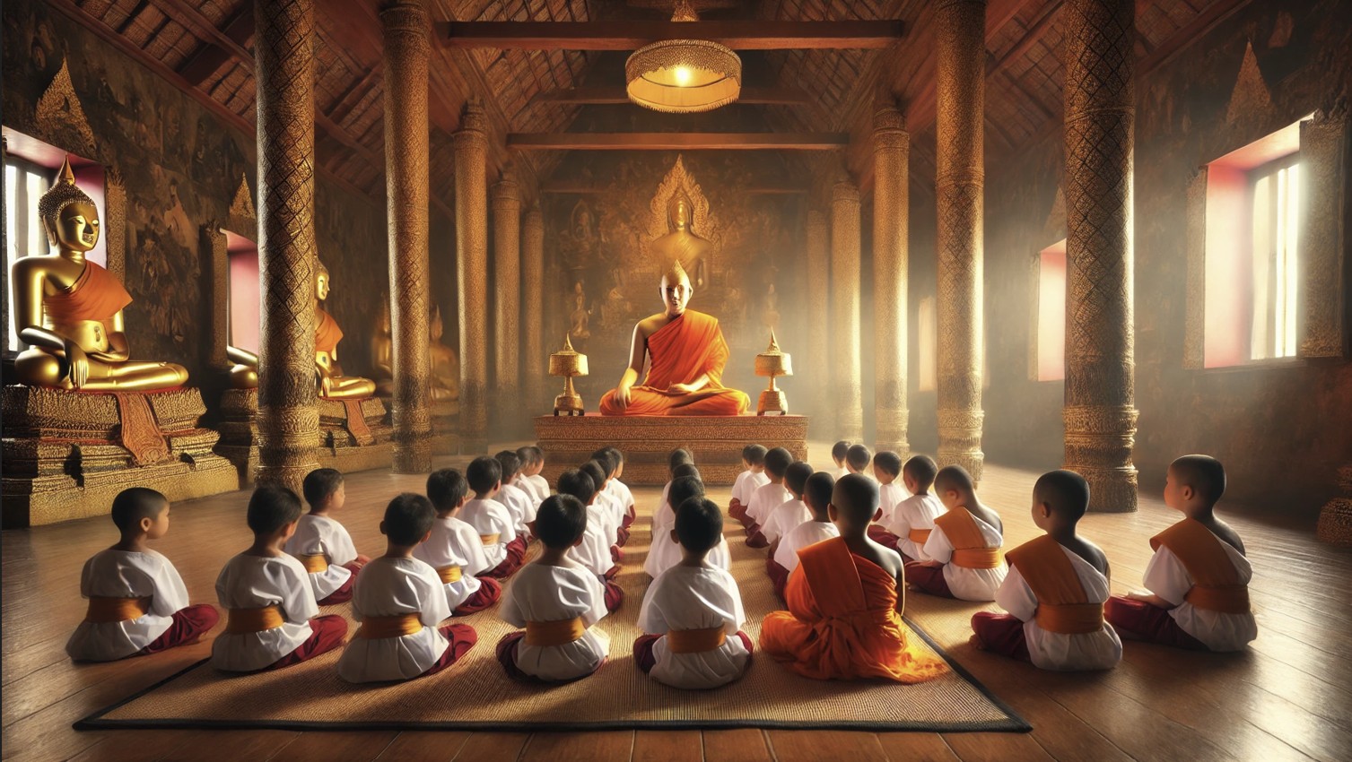 Ein buddhistischer Mönch unterrichtet eine Gruppe thailändischer Kinder in einem reich verzierten Tempel. Die Szene zeigt die Verbindung von Spiritualität und frühkindlicher Bildung in Thailand.
