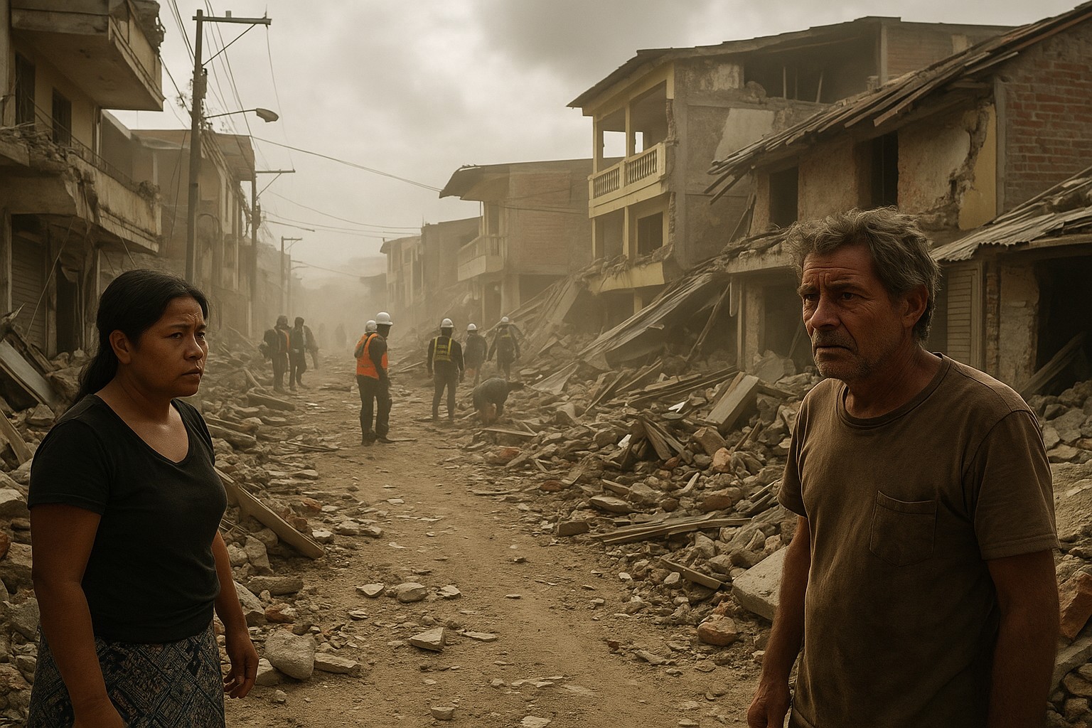 Ein Foto zeigt die Zerstörung nach dem verheerenden Erdbeben von 2016 in Pedernales, Ecuador, mit Trümmern, zerstörten Gebäuden und Menschen in Schutzausrüstung bei Rettungsarbeiten.
