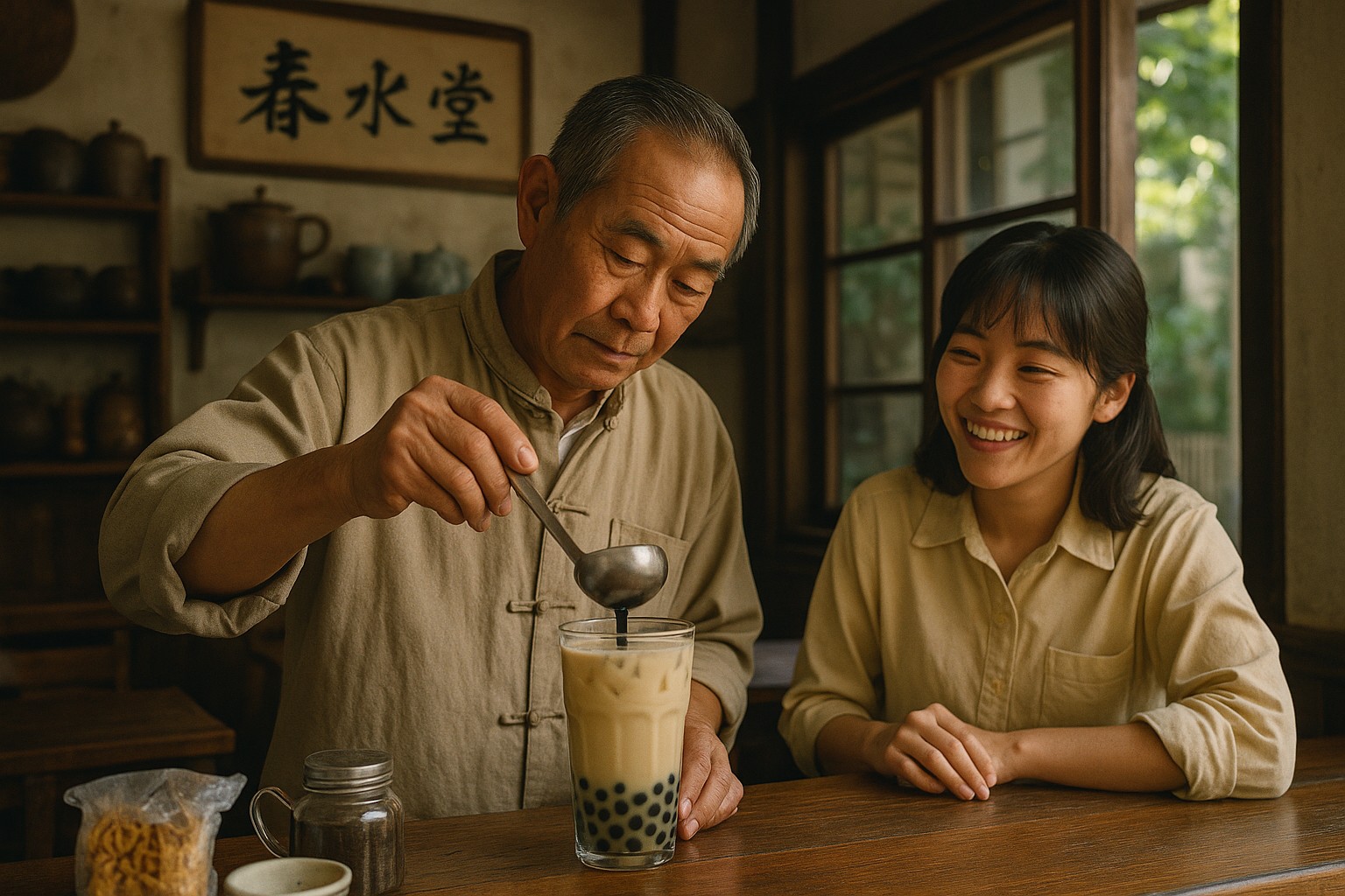 Ein Farbfoto zeigt einen älteren Mann in einem traditionellen taiwanischen Teeladen, der konzentriert Bubble Tea mit Tapiokaperlen zubereitet, während eine junge Frau lächelnd danebensteht und zusieht. Die Szene spielt sich im Inneren eines hölzernen Lokals ab, mit Sonnenlicht, das durch Fenster fällt und Regale voller Teekrüge im Hintergrund.
