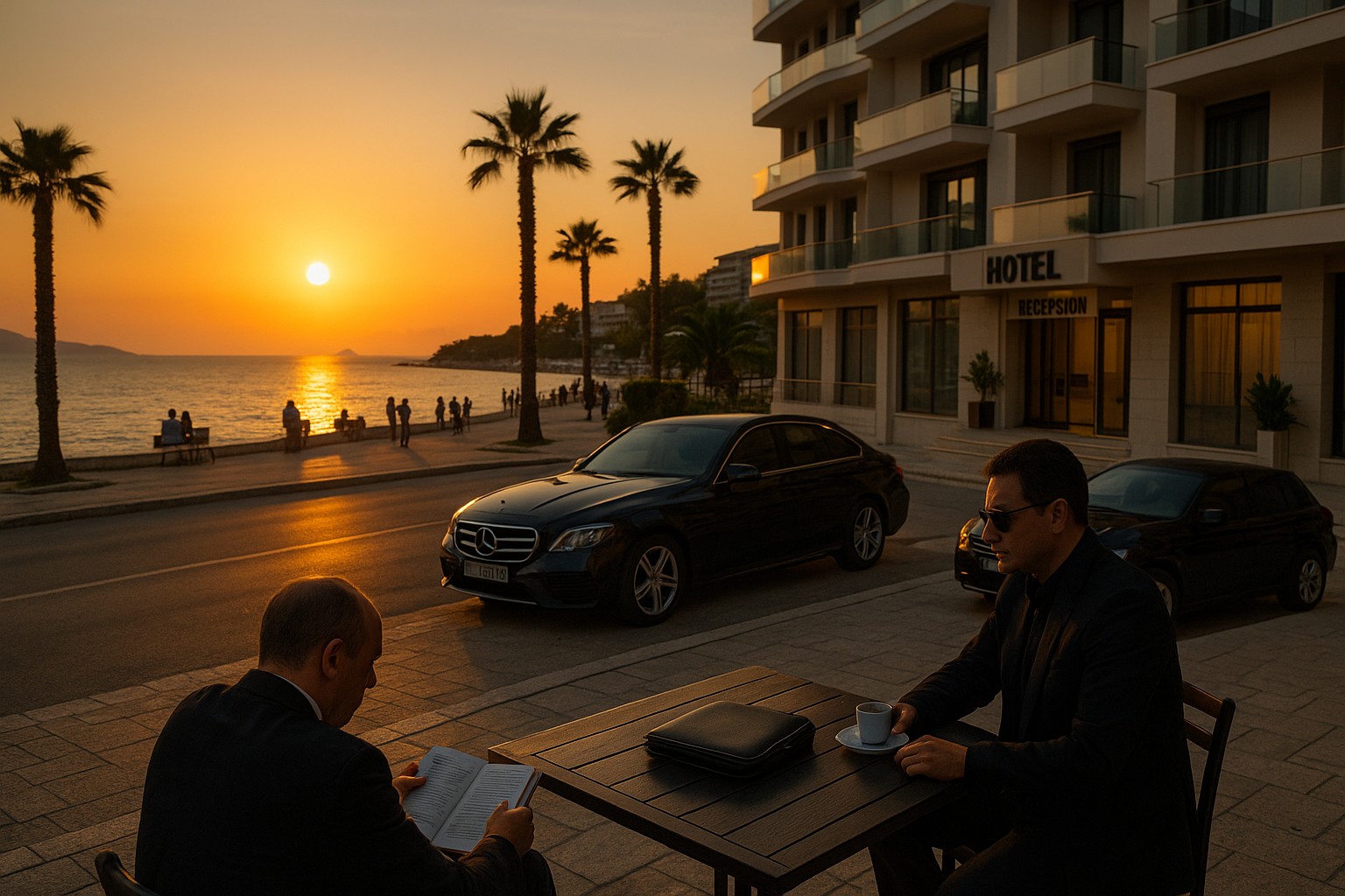 Zwei Männer in dunkler Kleidung sitzen an einem Café-Tisch vor einem modernen Hotel an der Küstenpromenade Albaniens bei Sonnenuntergang. Eine schwarze Mercedes-Limousine steht vor dem Gebäude, während Spaziergänger am Meer entlangflanieren. Auf dem Tisch liegen eine Aktentasche und eine Espressotasse.
