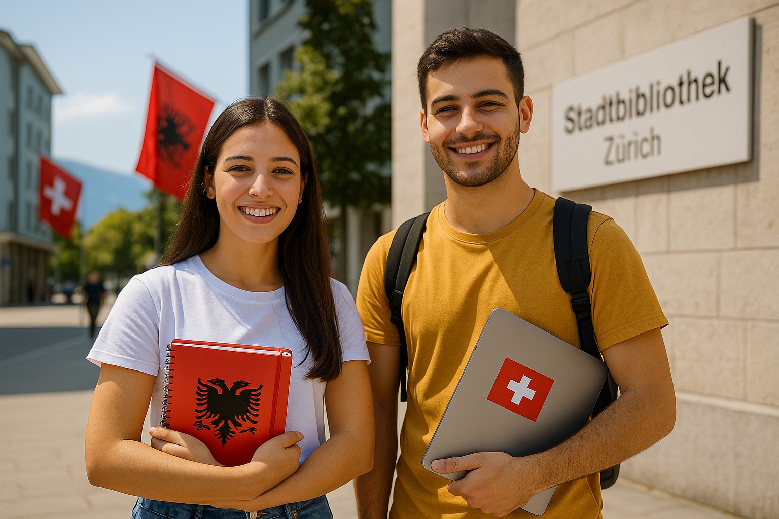 Zwei junge Erwachsene stehen vor der Stadtbibliothek Zürich. Die Frau hält ein rotes Notizbuch mit dem albanischen Doppeladler, der Mann einen Laptop mit einem Aufkleber der Schweizer Flagge. Im Hintergrund wehen die Flaggen von Albanien und der Schweiz.
