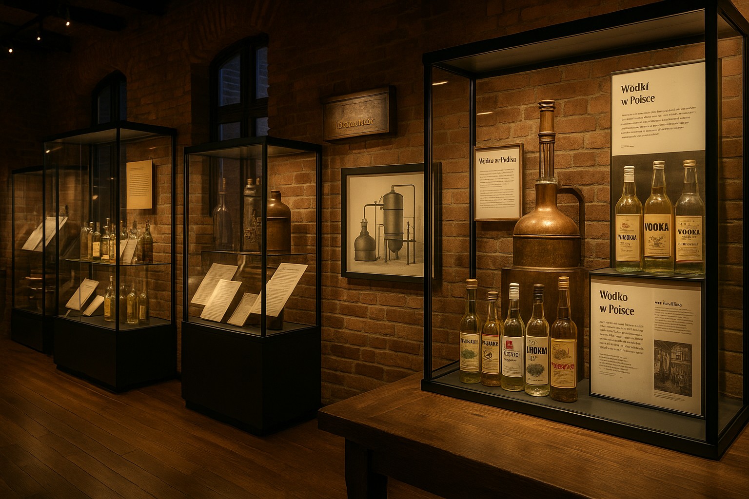 Innenansicht des Polnischen Wodka-Museums mit historischen Flaschen, Destillationsgeräten und polnischen Informationstafeln in einer Backsteinhalle.
