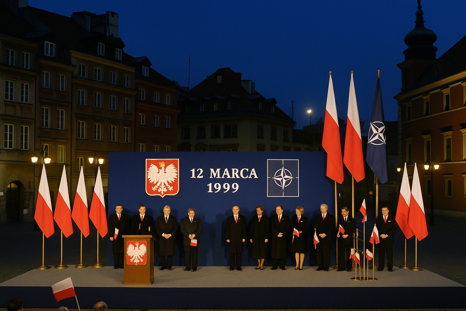 Offizielle Feier am 12. März 1999 in Warschau zur Aufnahme Polens in die NATO, mit Bühne, Fahnen und Würdenträgern auf einem historischen Platz bei Abendlicht.
