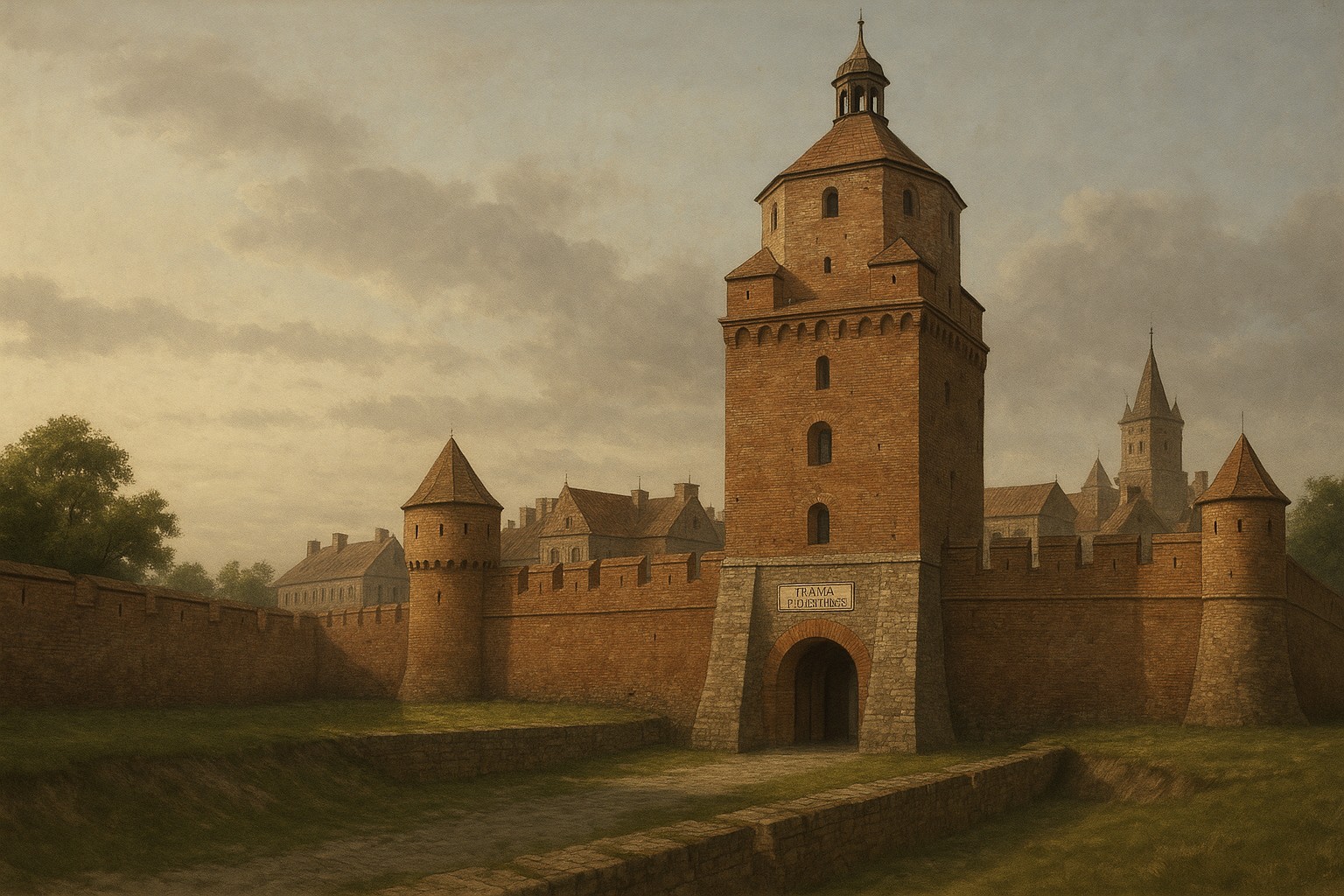 Historische Darstellung der Krakauer Toranlage (Brama Krakowska) in Lublin mit roten Backsteinmauern, mittelalterlichen Türmen und einem trockenen Burggraben unter einem leicht bewölkten Himmel.

