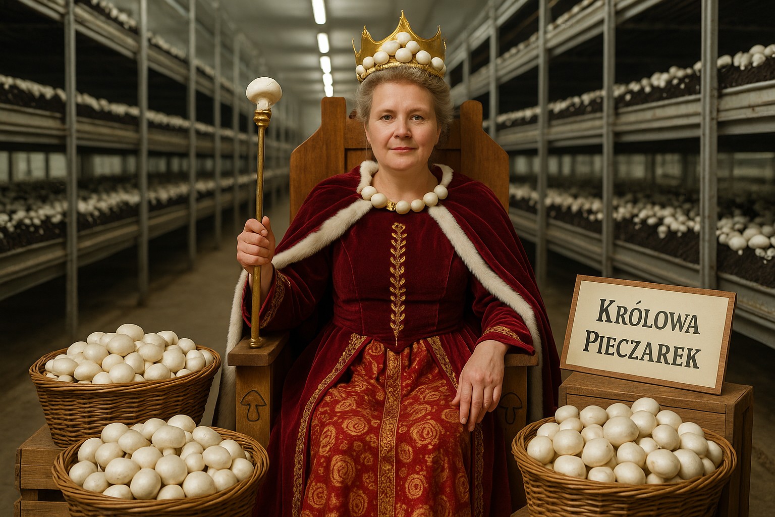 Eine hochauflösende Fotografie zeigt eine lächelnde polnische Frau mittleren Alters in einem roten Samtumhang mit Krone, die auf einem hölzernen Thron in einer modernen Pilzfarm sitzt. Um sie herum stehen Körbe voller frischer Champignons, und im Hintergrund sind industrielle Pilzregale sichtbar. Ein Schild neben ihr trägt den polnischen Text „Królowa Pieczarek“.
