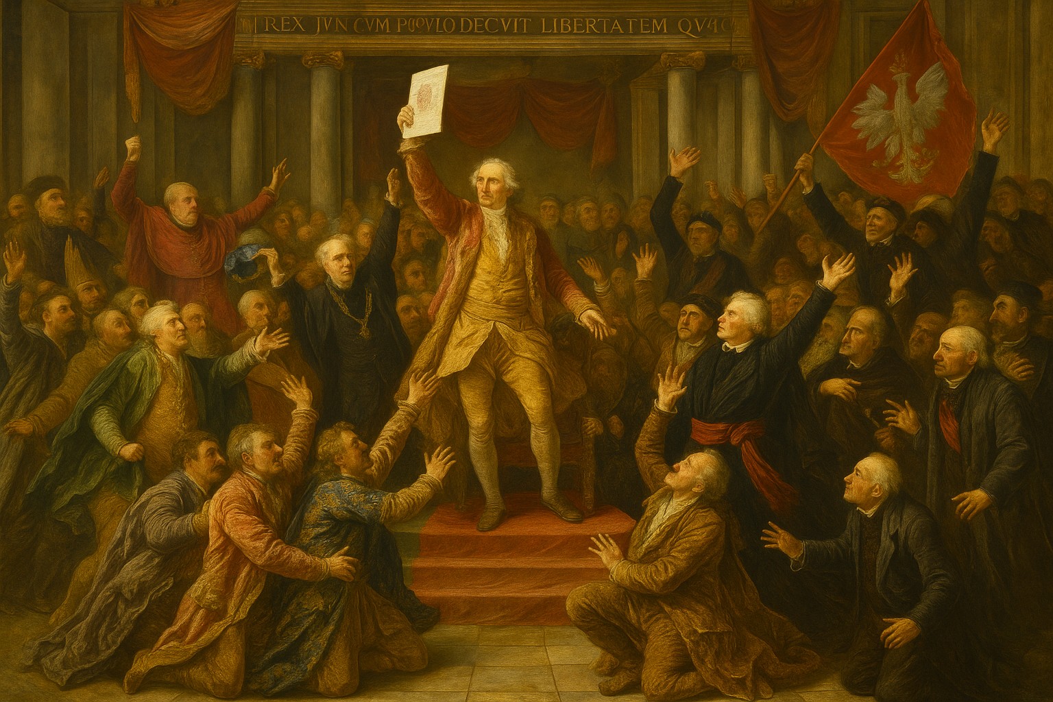 Ein Ölgemälde aus dem 18. Jahrhundert zeigt die Verabschiedung der polnischen Verfassung vom 3. Mai 1791. Eine zentrale Figur erhebt das Dokument, umgeben von Abgeordneten in historischen Gewändern, während rechts eine polnische Fahne mit weißem Adler geschwenkt wird.
