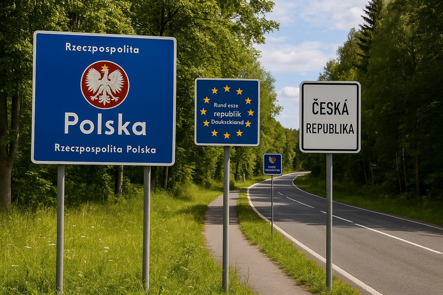 Eine realistische Fotografie zeigt ein Grenzübergangspunkt in Europa, an dem die Länder Polen, Deutschland und Tschechien aufeinandertreffen. Drei gut sichtbare Schilder markieren die jeweiligen Grenzen: „Polska“ mit dem polnischen Adler, ein blaues Schild mit EU-Sternen für Deutschland, und ein weißes Schild mit der Aufschrift „Česká Republika“ für Tschechien. Der asphaltierte Weg windet sich ruhig durch einen grünen, bewaldeten Hintergrund.

