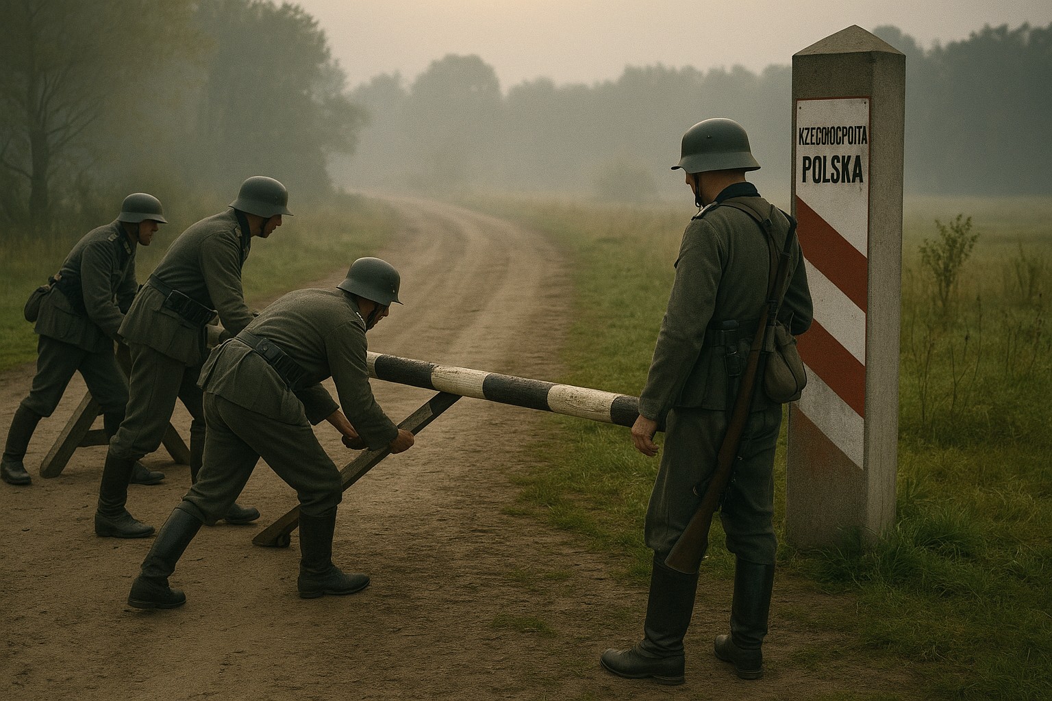 Historisches Bild von 1939: Deutsche Soldaten entfernen bei Nebel einen polnischen Grenzpfosten auf einem Feldweg bei Morgendämmerung.
