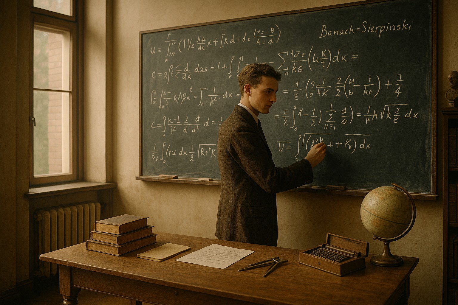 Ein koloriertes historisches Foto aus den 1920er Jahren zeigt einen jungen polnischen Mathematiker in einem sonnigen Universitätsraum, wie er komplexe Gleichungen auf eine große Tafel schreibt.
