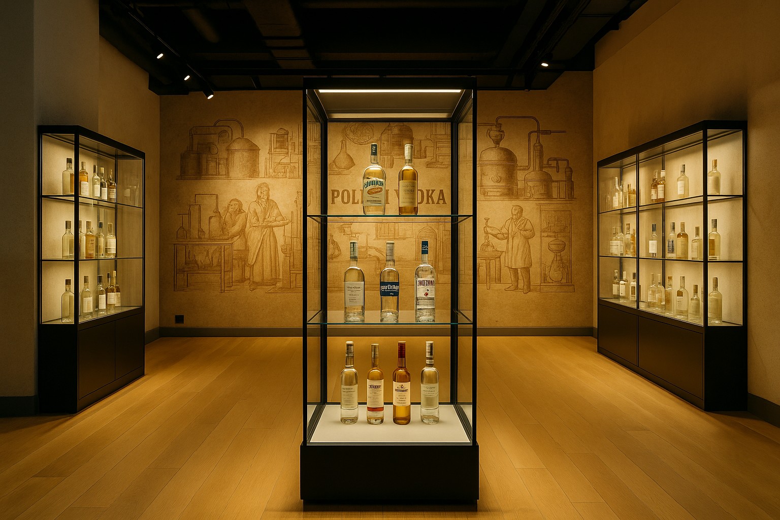 Ein hochauflösendes Foto zeigt den Innenraum des Polnischen Wodkamuseums in Warschau, mit eleganten Glasvitrinen voller traditioneller Wodkaflaschen und einem beleuchteten Wandbild, das historische Destillierszenen darstellt.
