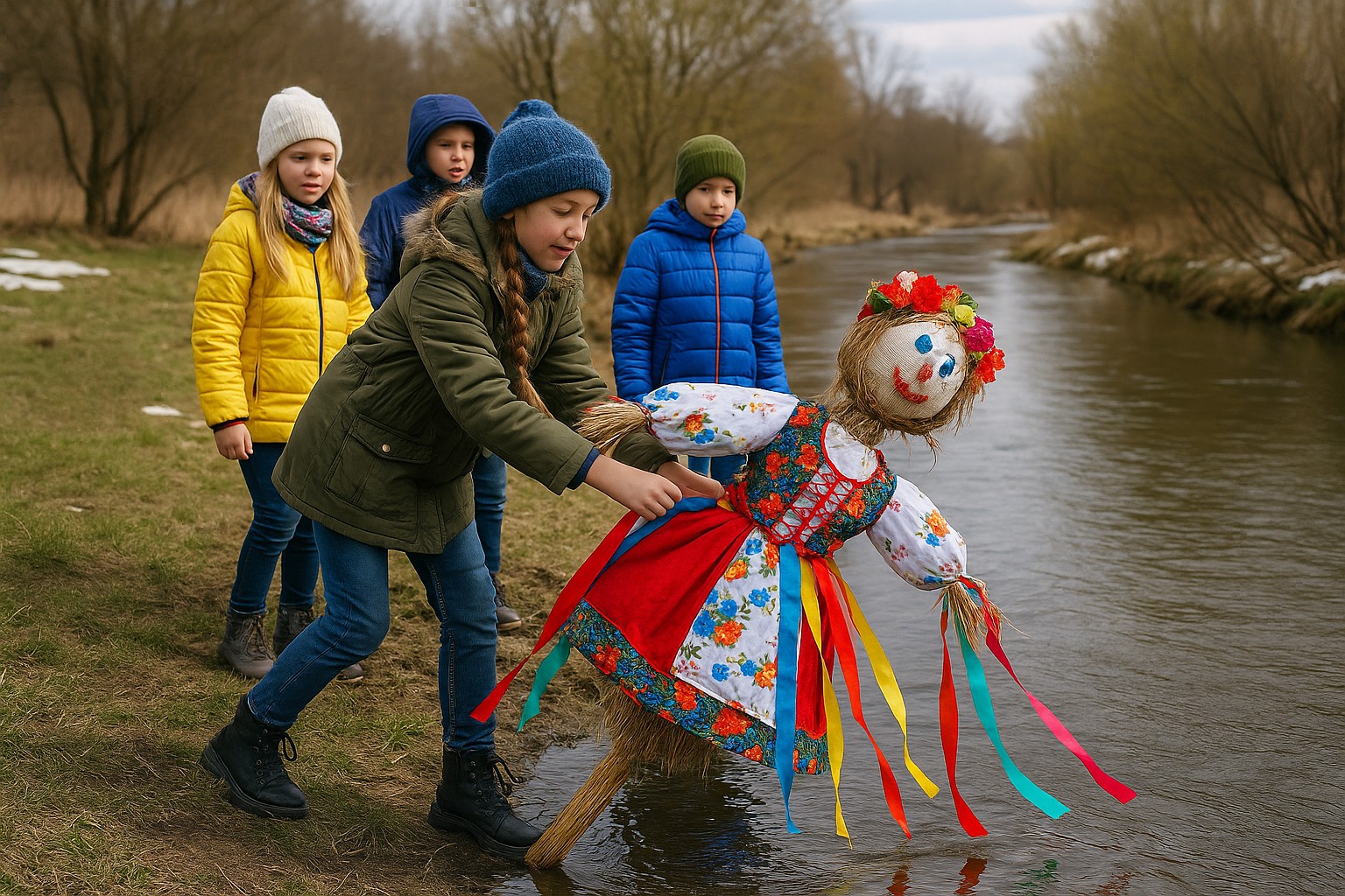 Vier polnische Kinder werfen eine bunte Marzanna-Strohpuppe in einen Fluss, um den Winter symbolisch zu verabschieden.
