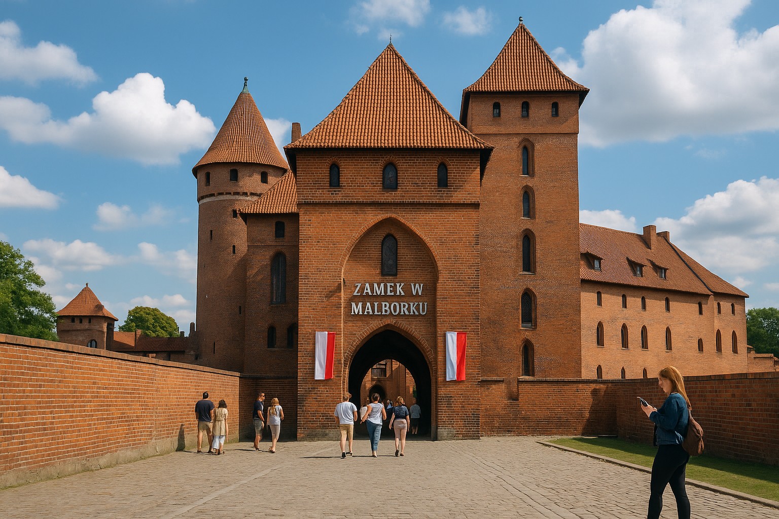 Eingangstor der Marienburg in Polen aus rotem Backstein, mit Besuchern und polnischen Flaggen unter blauem Himmel.
