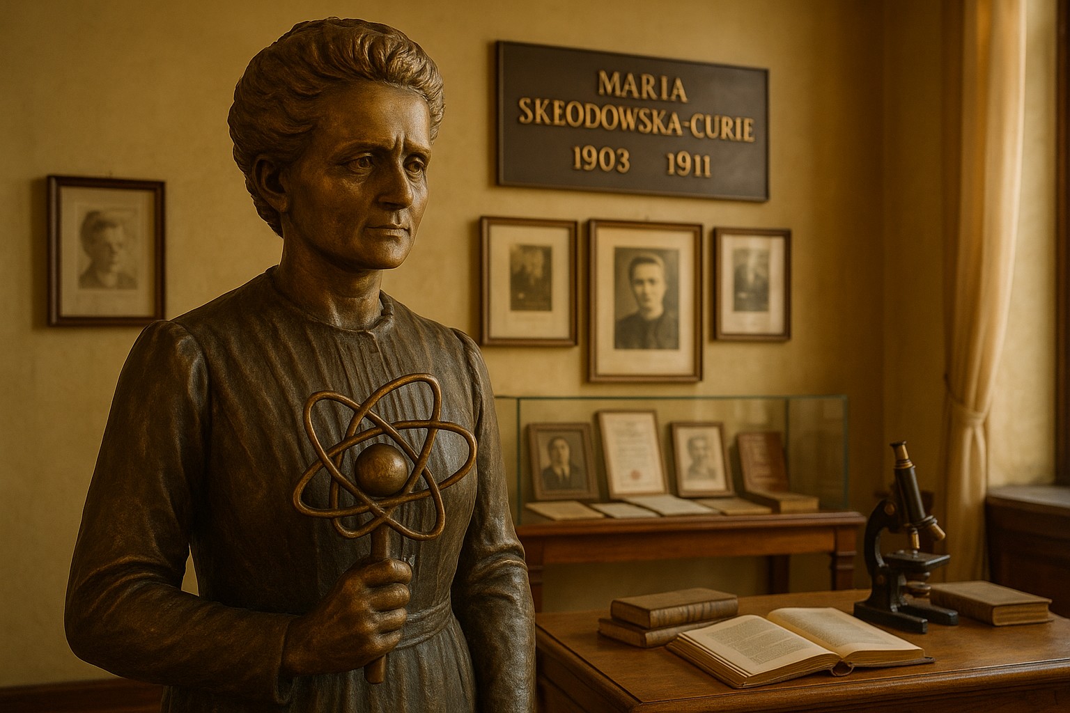 Eine bronzene Büste von Marie Skłodowska-Curie steht in einem historischen Raum, umgeben von alten Fotografien, Dokumenten, einem Mikroskop und wissenschaftlichen Büchern – alles in warmem Tageslicht.
