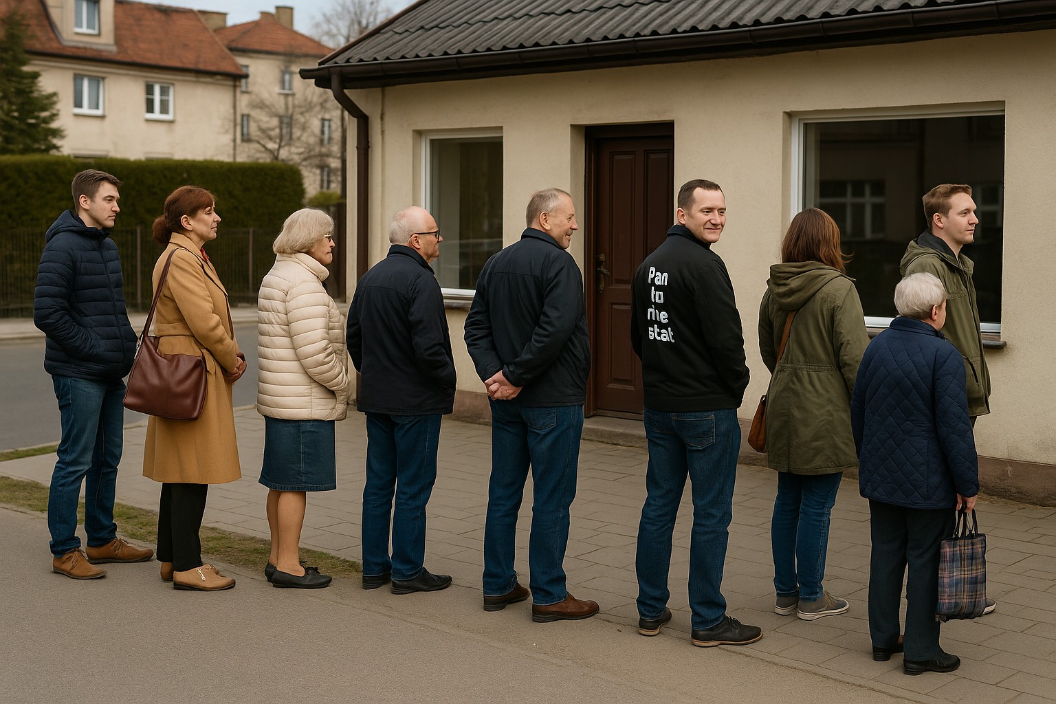 A photograph captures a line of eight people waiting outside a cream-colored building in Poland, all dressed in winter jackets, with one man wearing a jacket labeled "Pan tu nie stał."

