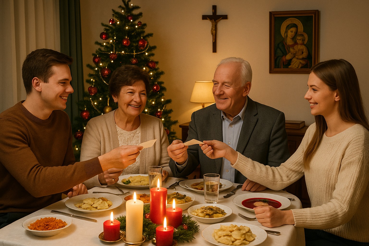 Eine mehrgenerationale polnische Familie teilt das traditionelle Weihnachtsoblate „Opłatek“ bei einem festlich gedeckten Tisch, umgeben von Weihnachtsbaum und religiösen Symbolen.
