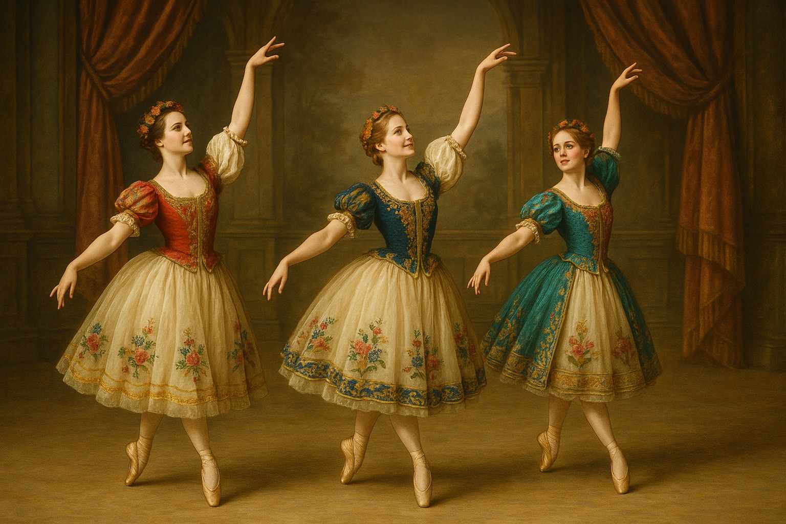 Drei Balletttänzerinnen in aufwendig bestickten Kleidern posieren auf einer historischen Bühne mit roten Vorhängen, im Stil des romantischen Zeitalters.
