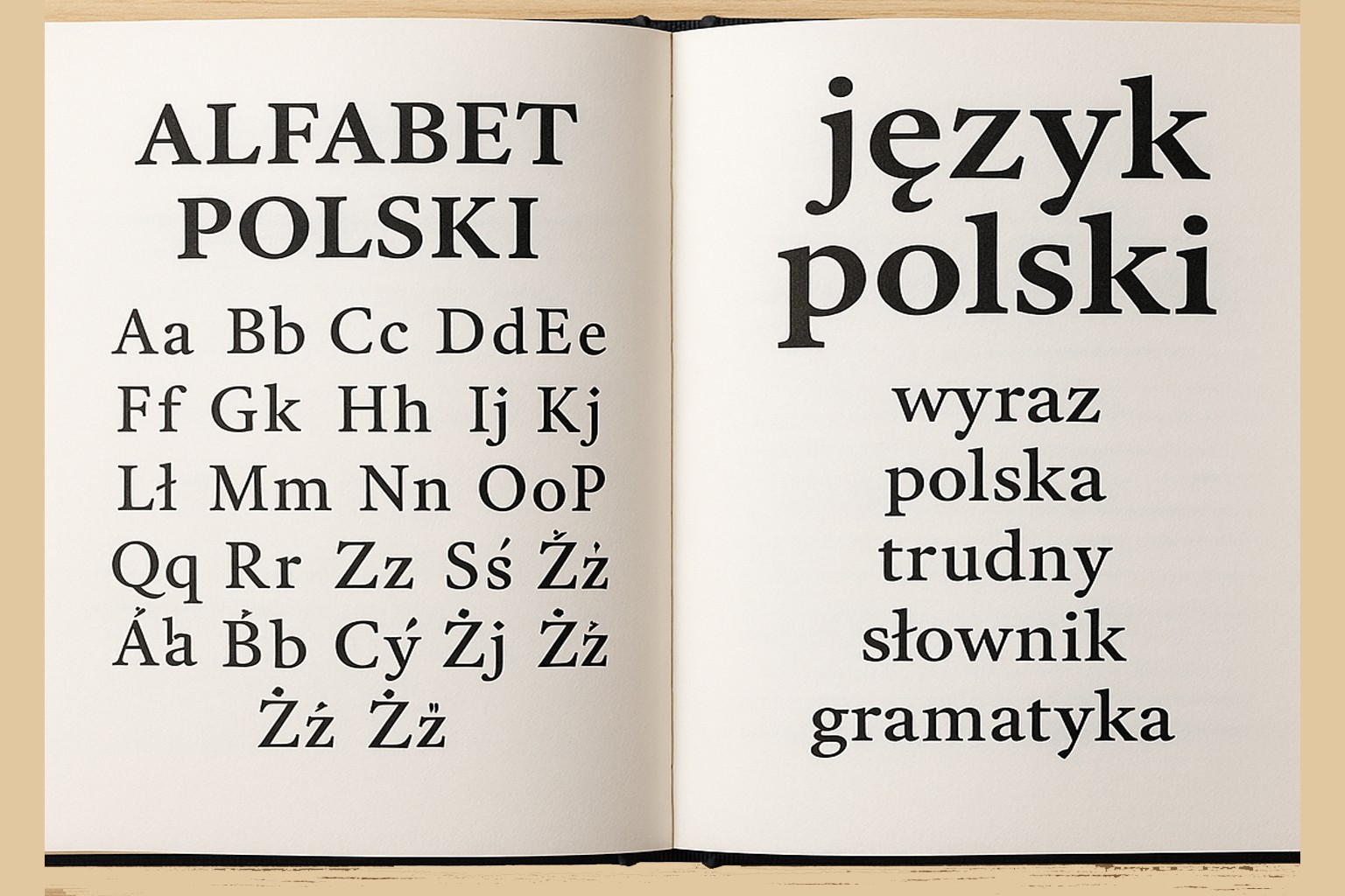 Ein aufgeschlagenes polnisches Sprachbuch zeigt links das polnische Alphabet und rechts eine Wortliste mit Begriffen wie „język polski“, „trudny“ und „gramatyka“, auf einem hellen Holztisch.
