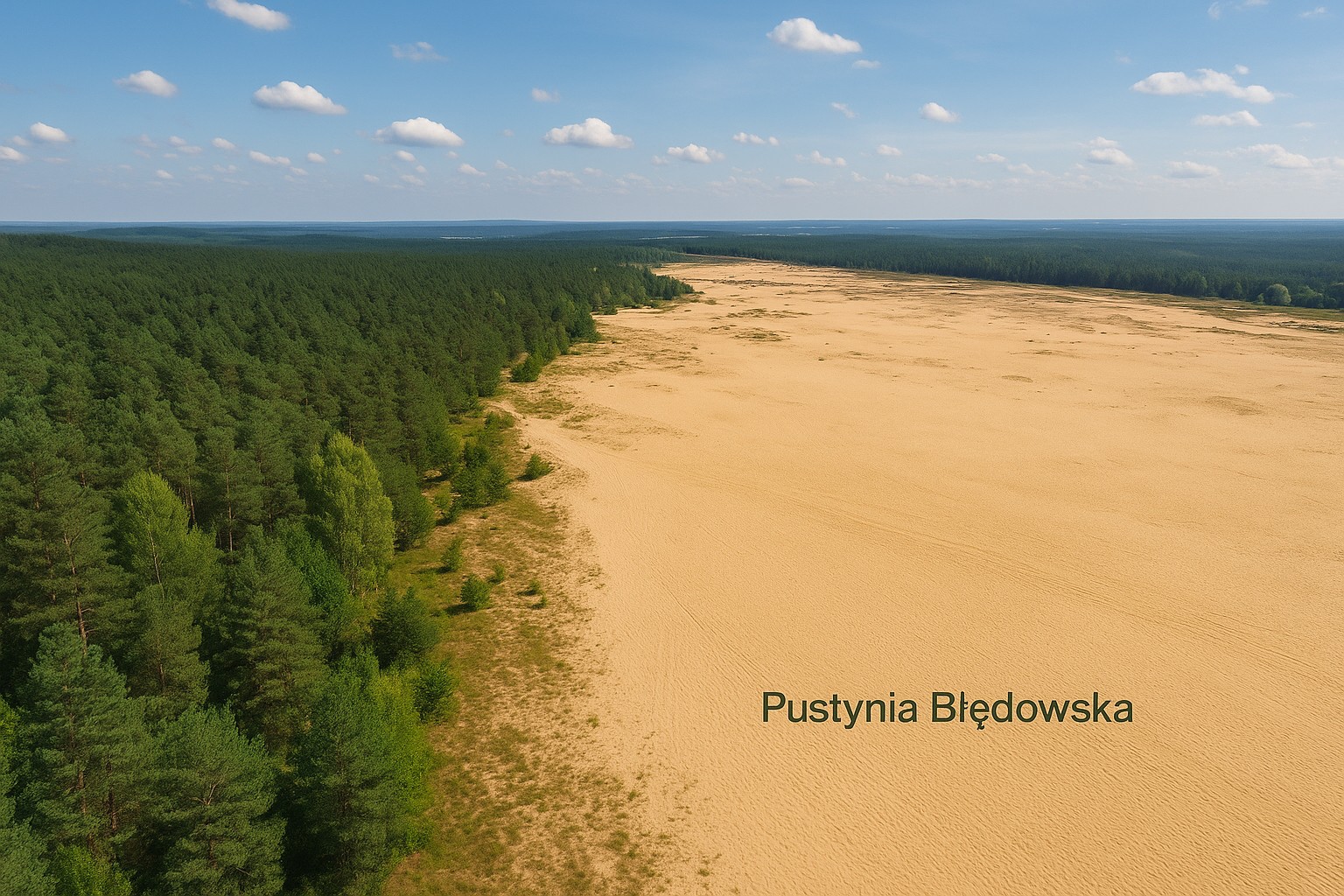 Luftaufnahme der polnischen Wüste Pustynia Błędowska, mit klarem Kontrast zwischen gelben Sanddünen und angrenzendem dichten Nadelwald.
