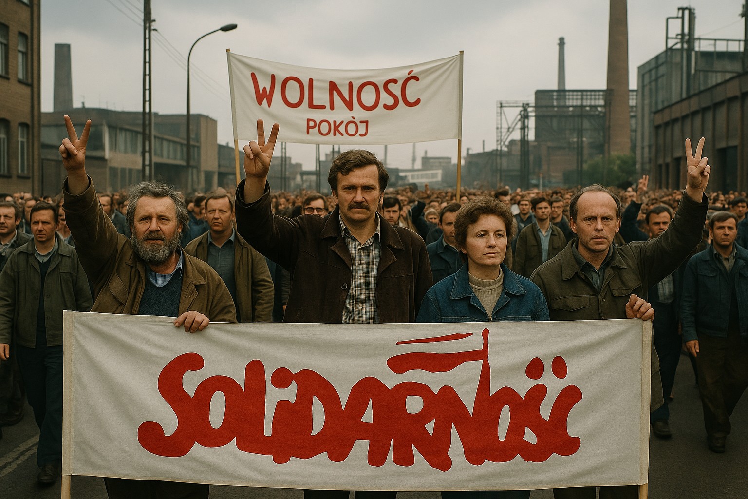Eine hochauflösende Fotografie zeigt eine historische Protestkundgebung der Solidarność-Bewegung in Polen, mit einer großen Menschenmenge, Transparenten und Fahnen aus den 1980er Jahren.
