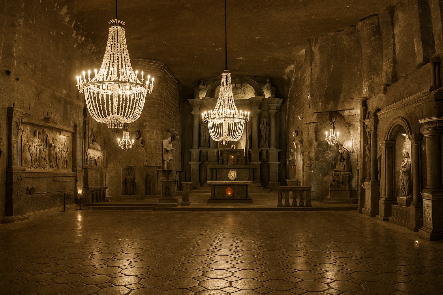 Das Innere der St.-Kinga-Kapelle im Salzbergwerk Wieliczka mit kunstvoll geschnitzten Salzstatuen, Kronleuchtern und einem beleuchteten Altar – alles in warmem Licht getaucht.
