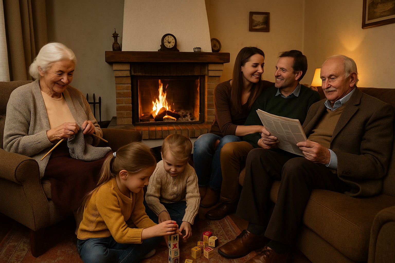 Eine europäische Großfamilie sitzt gemütlich im Wohnzimmer um einen Kamin herum – Großeltern, Eltern und zwei Kinder, die mit Bauklötzen spielen.
