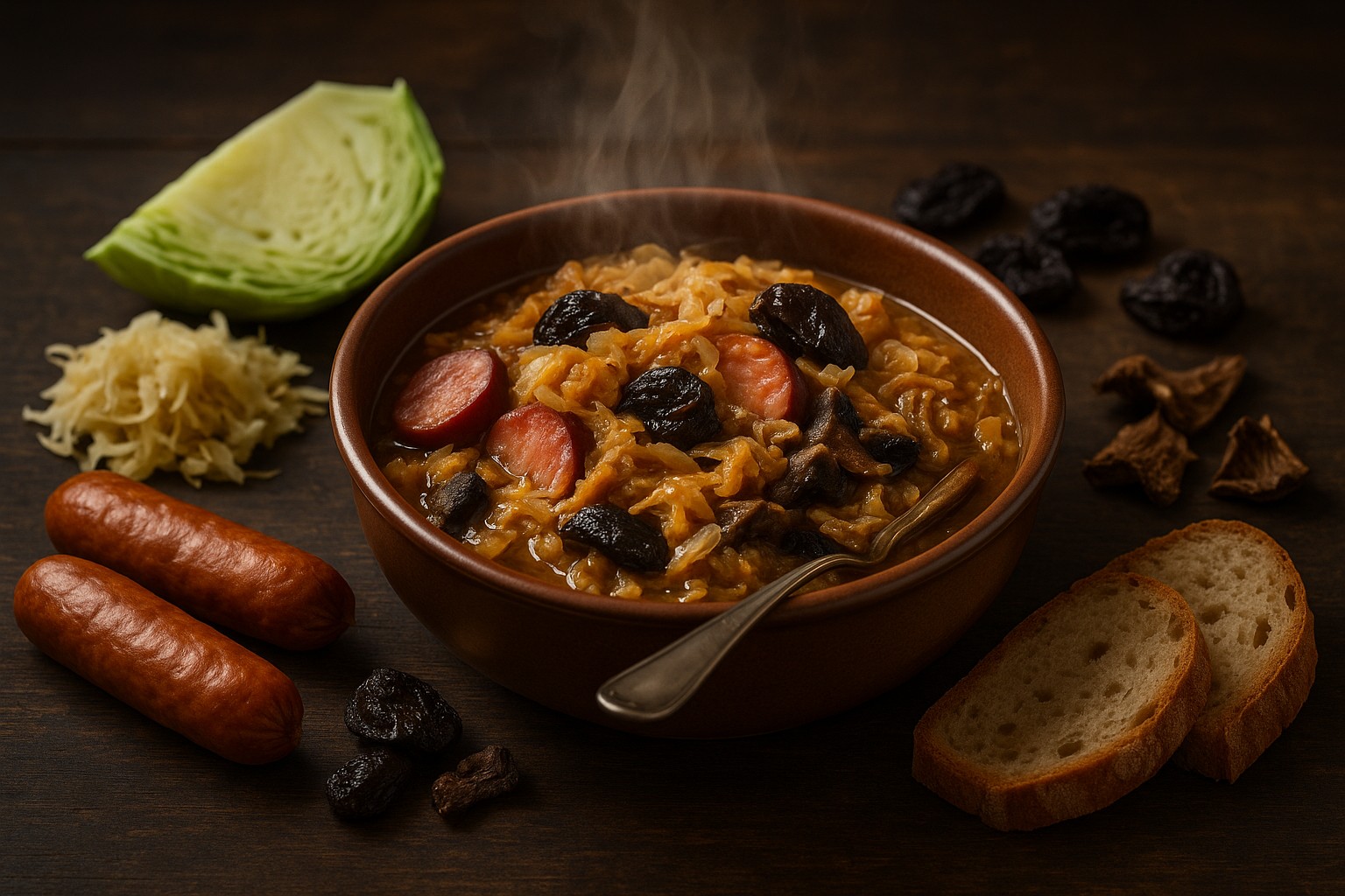 Ein dampfender Teller Bigos mit Sauerkraut, Pflaumen, Pilzen und Wurst auf einem rustikalen Holztisch, umgeben von Zutaten wie Kohl, Brot und geräucherter Wurst.
