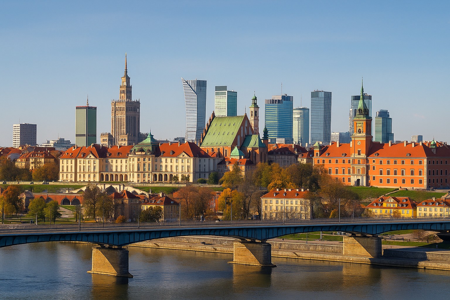 Ein hochauflösendes Foto zeigt die Skyline von Warschau mit dem Fluss Weichsel im Vordergrund. Die Altstadt mit roten Dächern und historischen Gebäuden wie dem Königsschloss steht im Kontrast zu den modernen Hochhäusern und dem Kulturpalast im Hintergrund.
