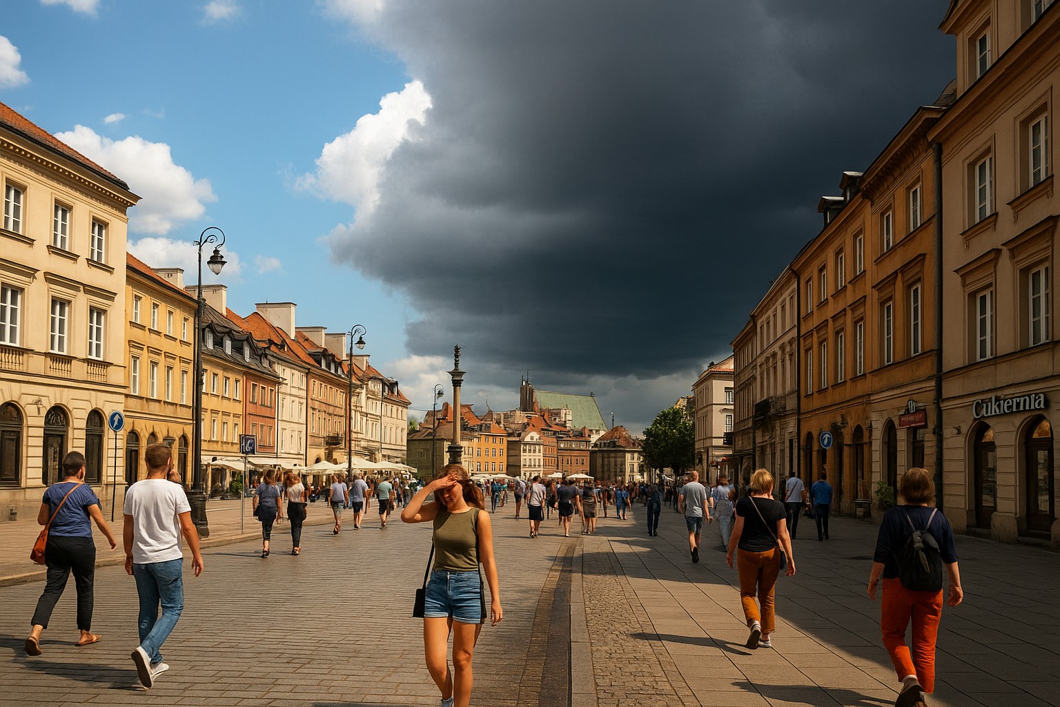 Straßenszene in Warschau mit dramatischem Wetter: sonnige Gebäude auf der einen Seite, dunkle Gewitterwolken auf der anderen, mit Fußgängern auf dem Pflasterweg.
