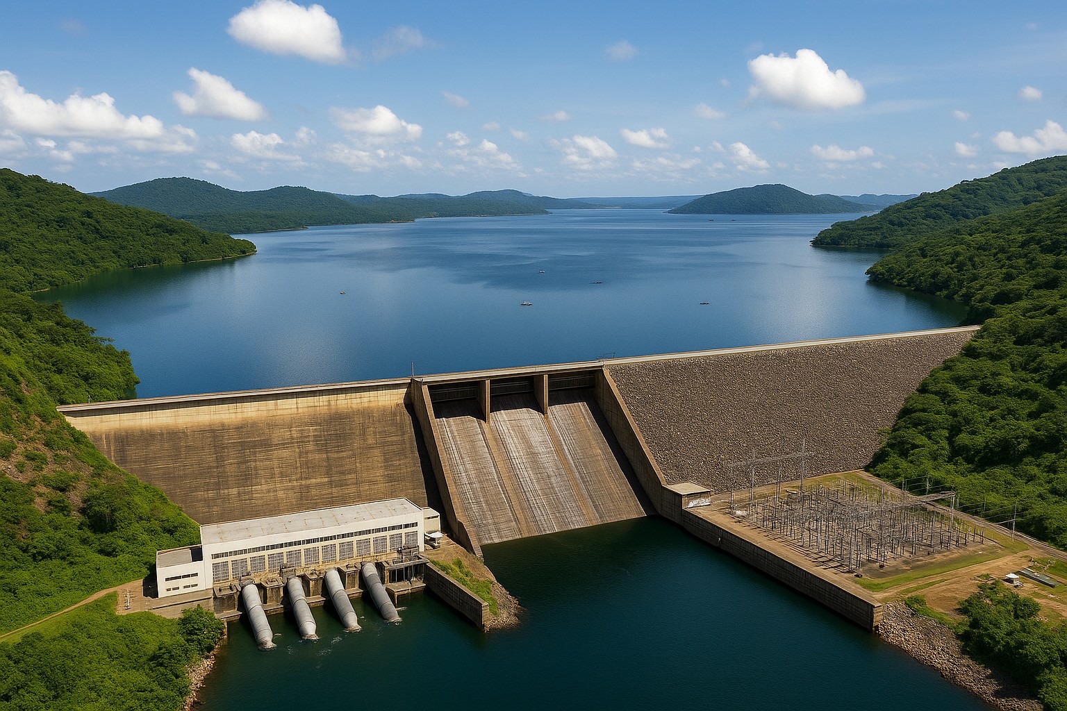 Luftaufnahme des Akosombo-Staudamms in Ghana mit der weitläufigen Wasserfläche des Volta-Sees im Hintergrund, umgeben von grünen Hügeln.