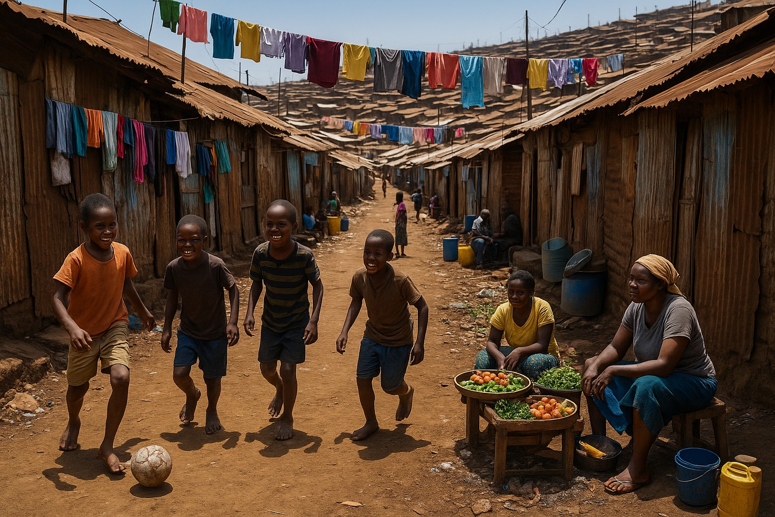 Straßenszene in Kibera, Nairobi: Barfüßige Jungen spielen lachend mit einem alten Fußball, während Frauen am Straßenrand Gemüse und Mais verkaufen. Über den Blechhütten hängt bunte Wäsche, die dicht gedrängte Siedlung erstreckt sich bis in den Hintergrund.