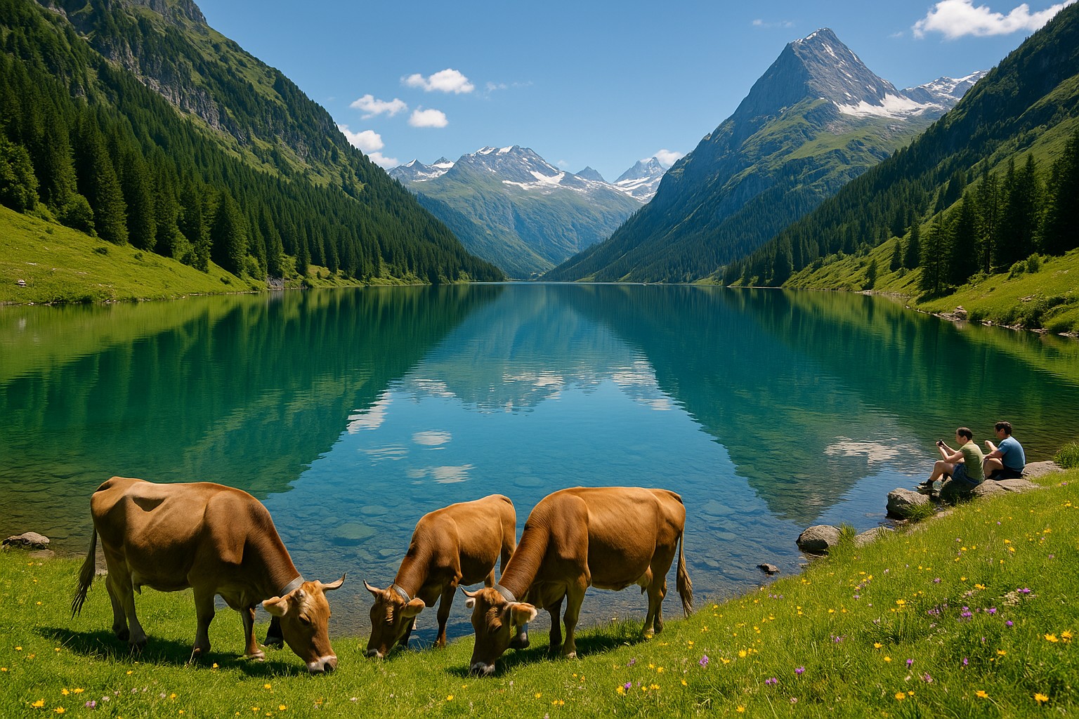 Ein malerischer Alpensee in der Schweiz mit kristallklarem Wasser, weidenden Kühen im Vordergrund und Wanderern am Ufer, umgeben von majestätischen Bergen und blauem Himmel.