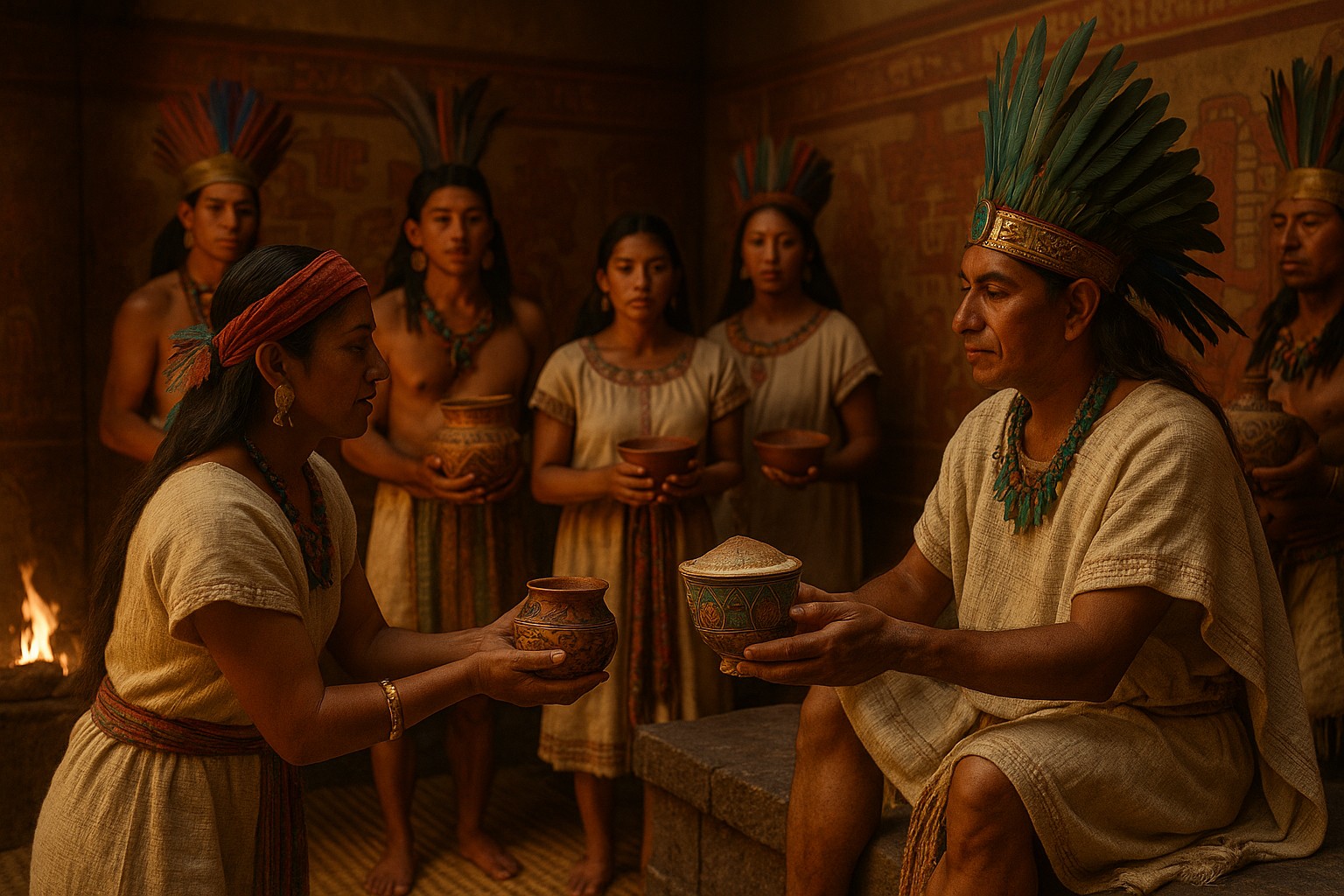 Eine detailreiche Darstellung eines aztekischen Rituals, bei dem eine Frau einem Priester ein Gefäß mit Kakao überreicht, umgeben von Teilnehmern in traditionellen Gewändern und Federkopfschmuck.