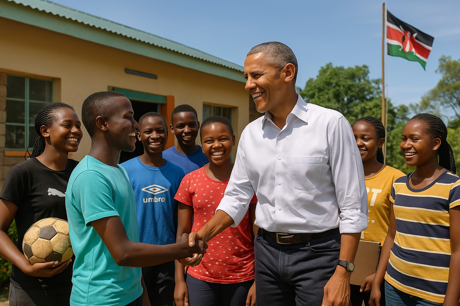 Barack Obama schüttelt einem kenianischen Jugendlichen die Hand, während er von einer Gruppe lächelnder Jugendlicher in einem Jugendzentrum in Kenia umgeben ist.
