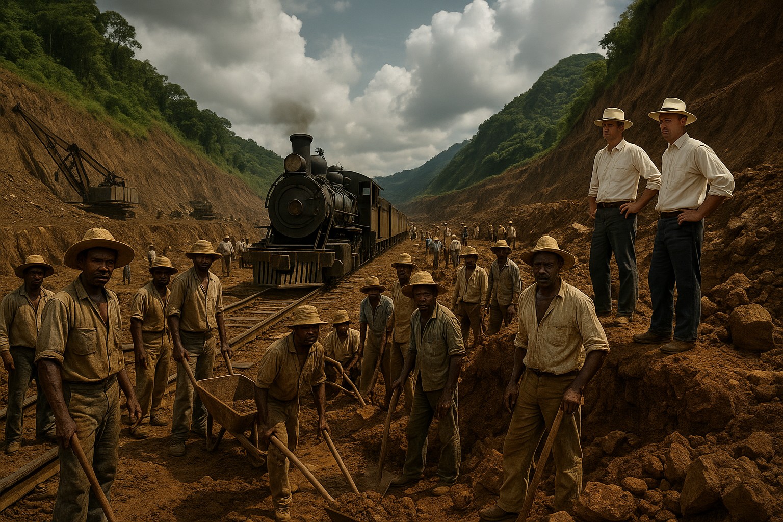 Historische Schwarz-Weiß-Fotografie zeigt den Bau des Panamakanals um 1910, mit Arbeitern, Dampflokomotiven und schweren Maschinen, die Erde abtragen.