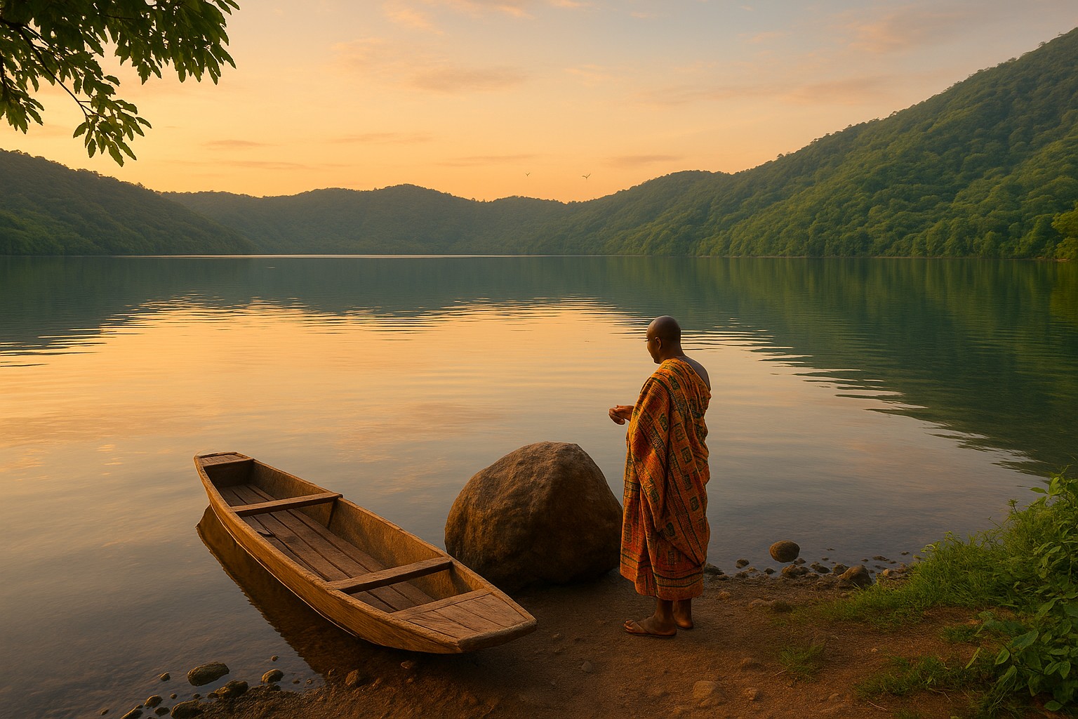 Ein ghanaischer Mann in bunter Kente-Kleidung steht am Ufer des Bosumtwi-Sees neben einem Holzkanu und einem großen Stein, während die Sonne den ruhigen Kratersee und die grünen Hügel in goldenes Licht taucht.