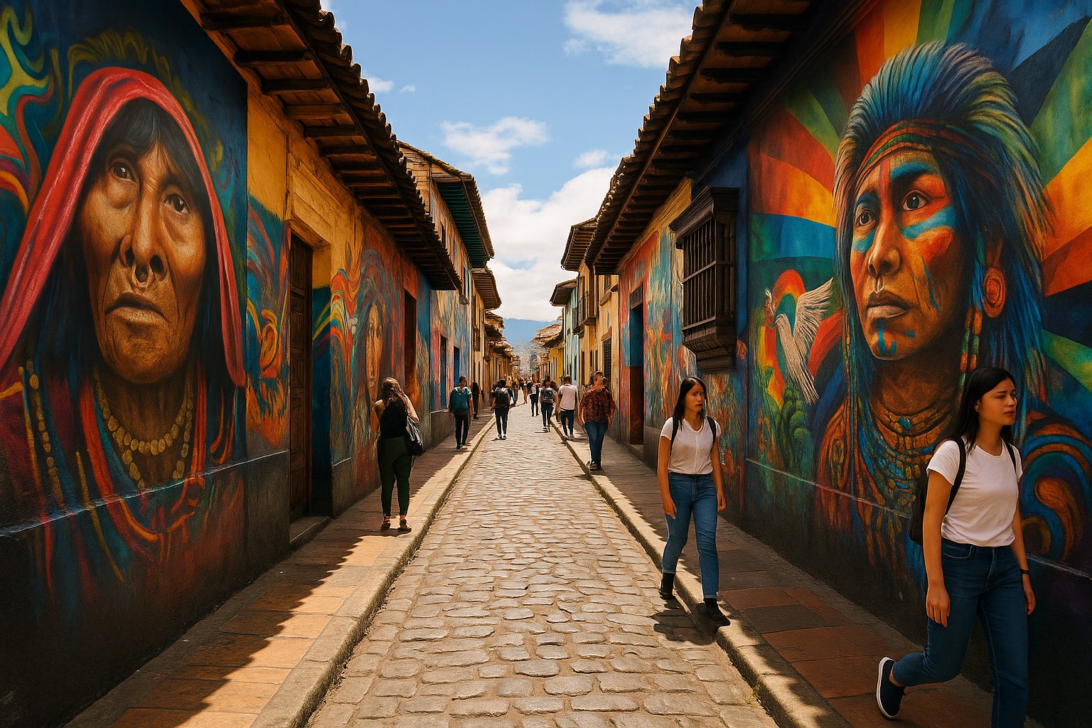 Eine hochauflösende Aufnahme zeigt eine enge Kopfsteinpflasterstraße im Viertel La Candelaria in Bogotá, deren koloniale Häuser mit farbenfrohen Wandgemälden indigener Porträts und abstrakter Muster bedeckt sind. Menschen spazieren entspannt durch die sonnige Gasse.