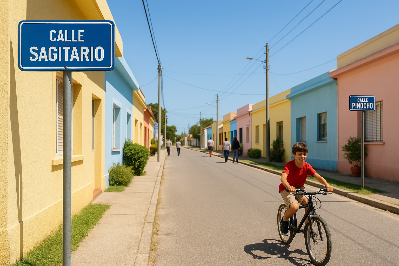 Eine sonnige Wohnstraße in Uruguay mit pastellfarbenen Häusern und Straßenschildern „Calle Sagitario“ und „Calle Pinocho“, während ein Junge fröhlich auf einem schwarzen Fahrrad fährt.