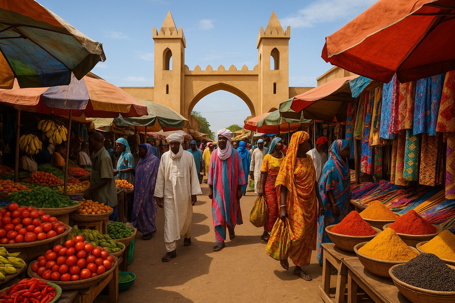 Ein lebhafter Tag im Grand Marché von N’Djamena, Tschad, mit traditionellen Sahel-Toren im Hintergrund, bunten Marktständen voller Gewürze, Gemüse und Stoffen sowie Menschen in farbenfroher traditioneller Kleidung.
