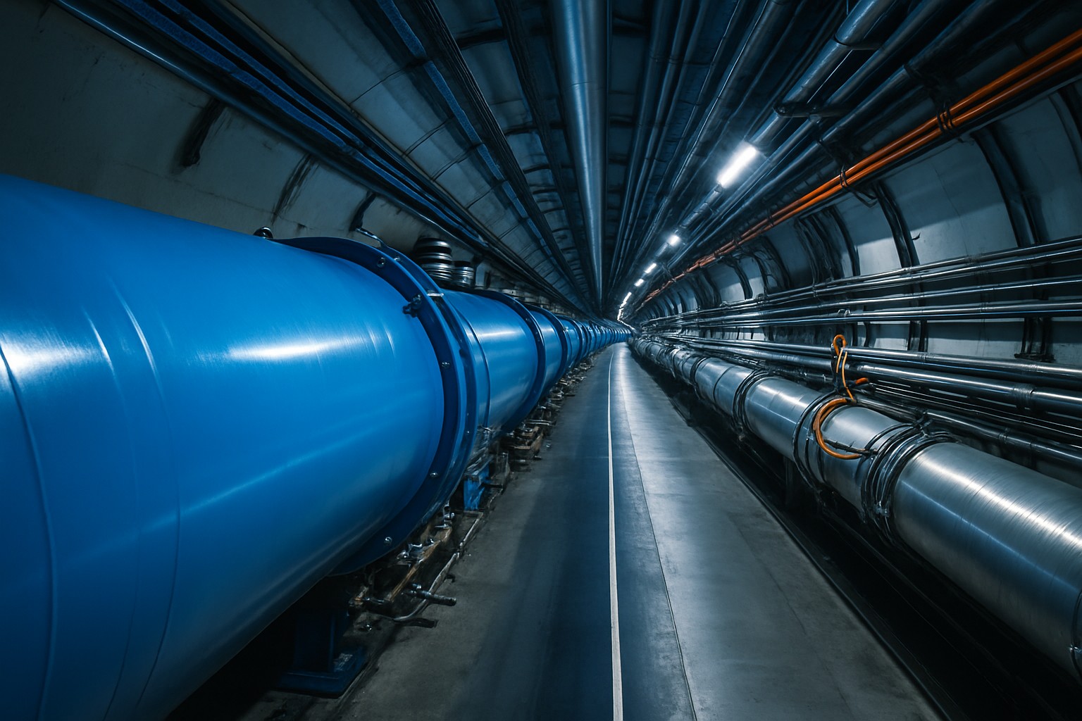 Der Tunnel des Large Hadron Colliders (LHC) im CERN zeigt die langen blauen Beschleunigerröhren und metallischen Kabelstrukturen, die sich tief unter der Erde erstrecken.
