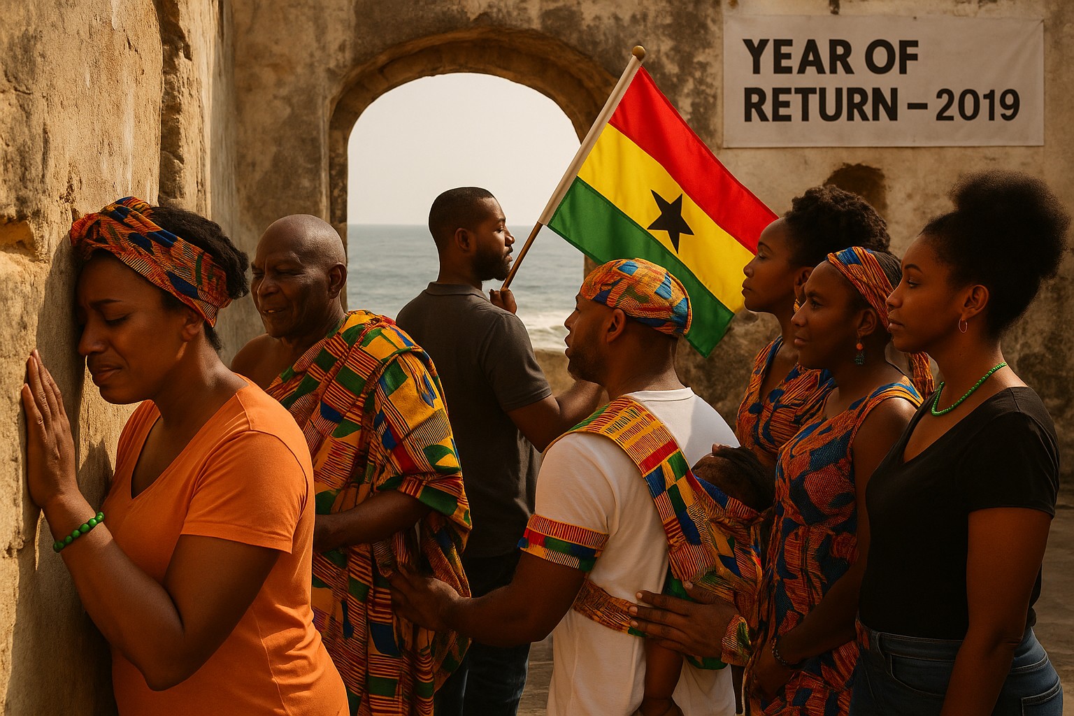 Eine Gruppe afroamerikanischer Besucher nimmt an der „Year of Return – 2019“-Zeremonie im Cape Coast Castle in Ghana teil, während sie am „Door of No Return“ steht und auf den Atlantik blickt. Emotionale Szenen mit einer Frau, die die Steinmauer berührt, einem Mann mit ghanaischer Flagge und einem älteren Ghanaer in traditioneller Kente-Kleidung.