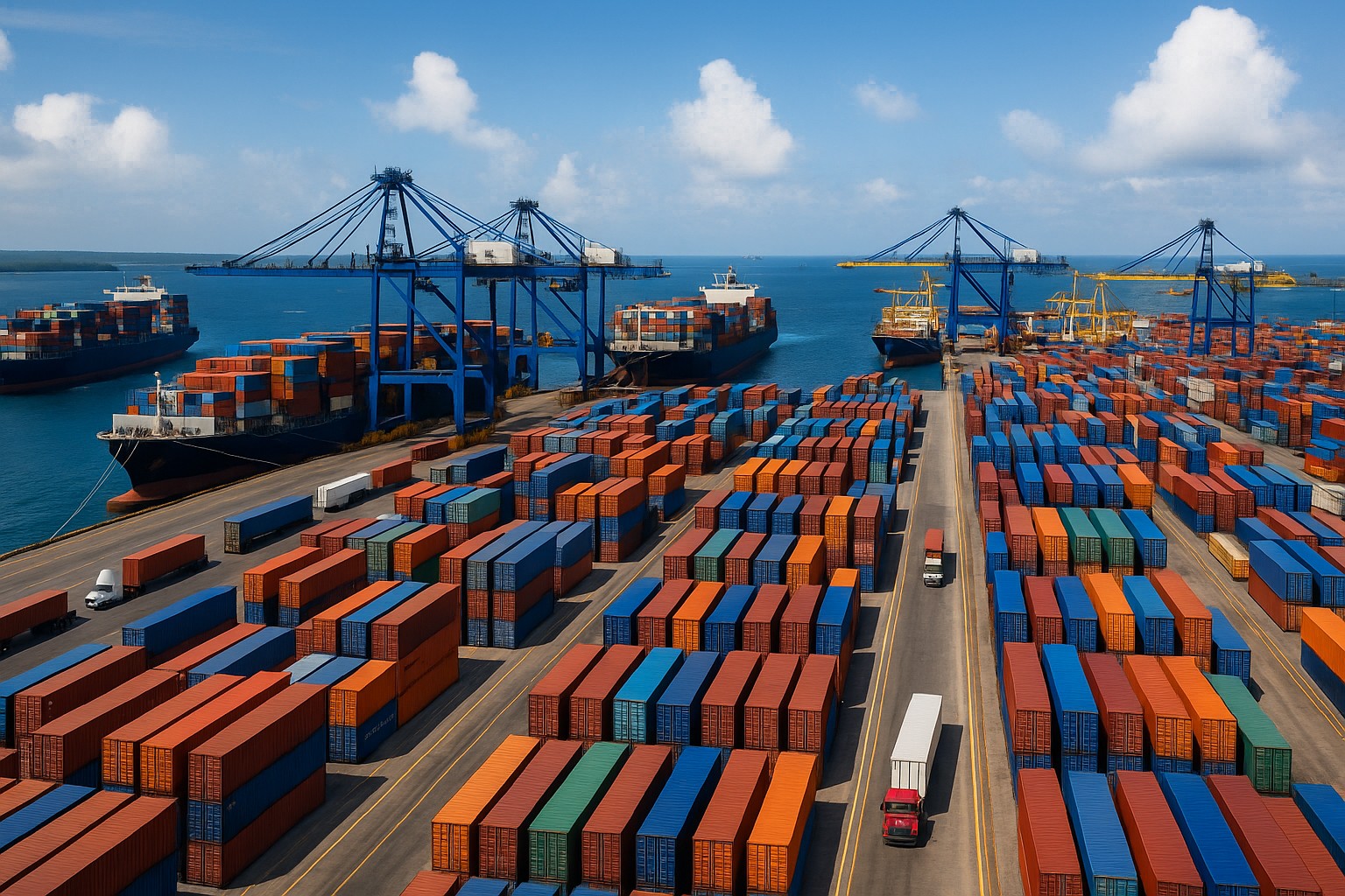 Ein hochauflösendes Luftbild zeigt den geschäftigen Containerhafen von Colón in Panama mit bunten gestapelten Containern, großen Kränen und Frachtschiffen am Kai.