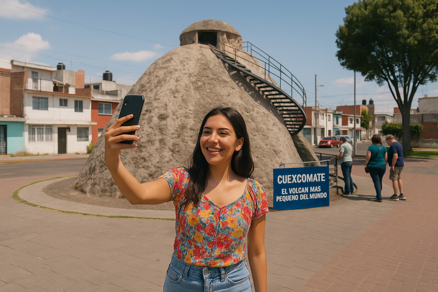 Eine junge Frau macht ein Selfie vor dem Cuexcomate in Puebla, bekannt als der kleinste „Vulkan“ der Welt, mit Treppe und umliegenden Gebäuden im Hintergrund.