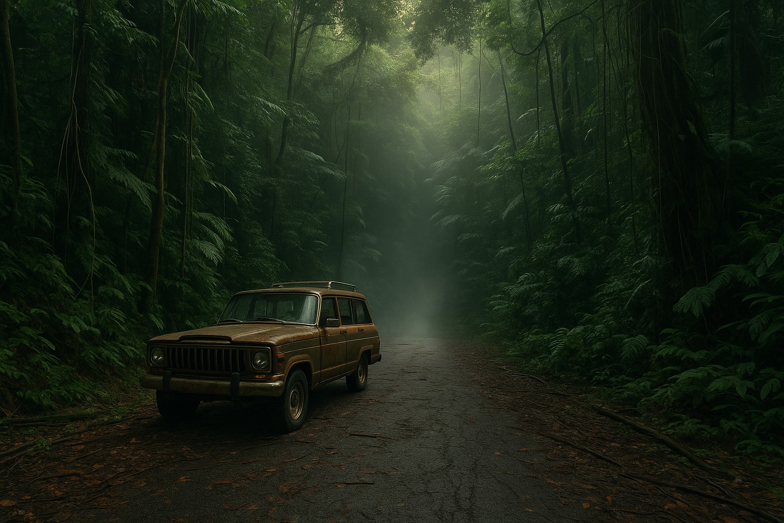 Ein verlassenes, rostiges Jeep Cherokee steht auf einer überwucherten Straße, die tief in den nebligen Dschungel des Darién Gap in Panama führt.